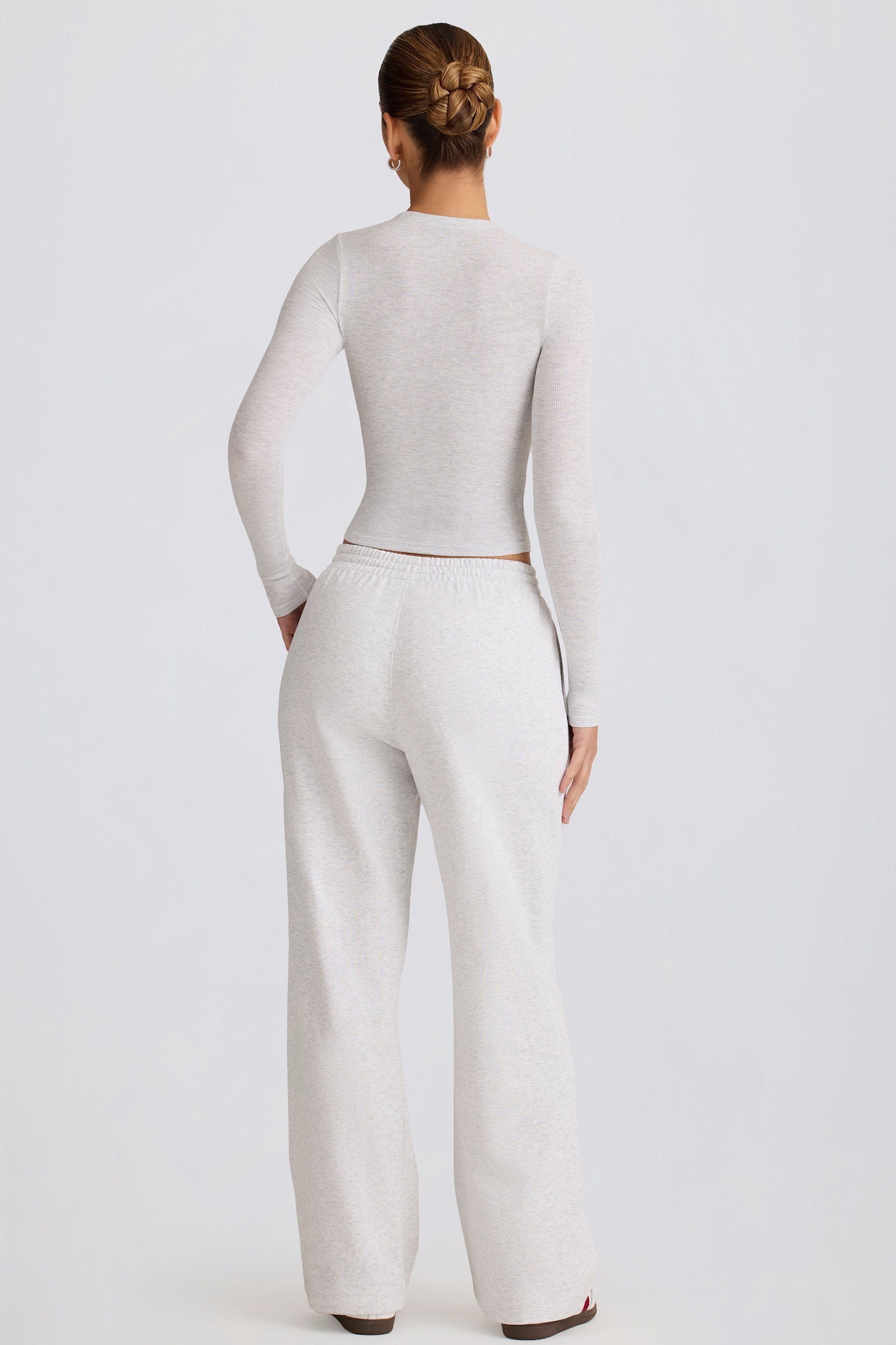 Soft Cotton Mid-Rise Wide-Leg Joggers in Grey Marl